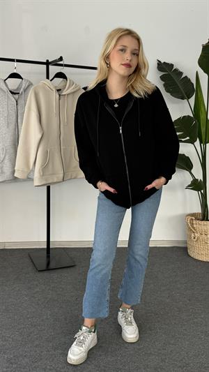 Üç İplik Şardonlu Kapşonlu Fermuarlı Sweat Siyah