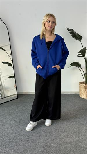 Üç İplik Şardonlu Kapşonlu Fermuarlı Sweat Lacivert