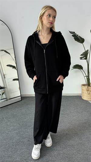 Üç İplik Şardonlu Kapşonlu Fermuarlı Sweat Siyah