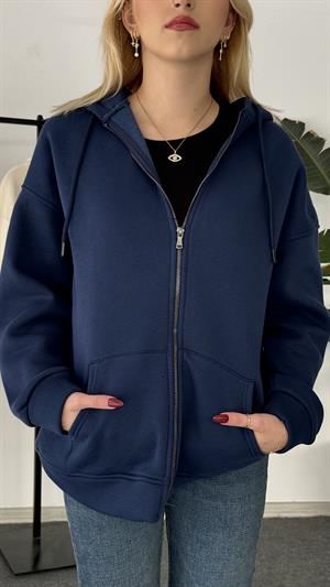 Üç İplik Şardonlu Kapşonlu Fermuarlı Sweat Lacivert