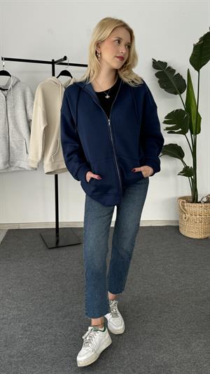Üç İplik Şardonlu Kapşonlu Fermuarlı Sweat Lacivert