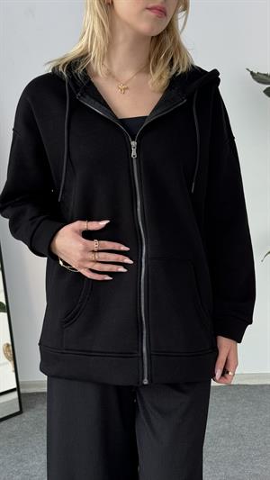 Üç İplik Şardonlu Kapşonlu Fermuarlı Sweat Siyah