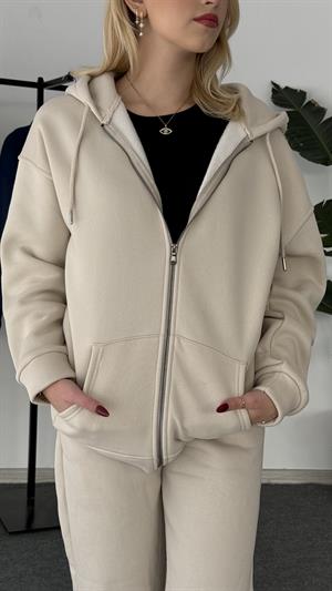 Üç İplik Şardonlu Kapşonlu Fermuarlı Sweat Taş