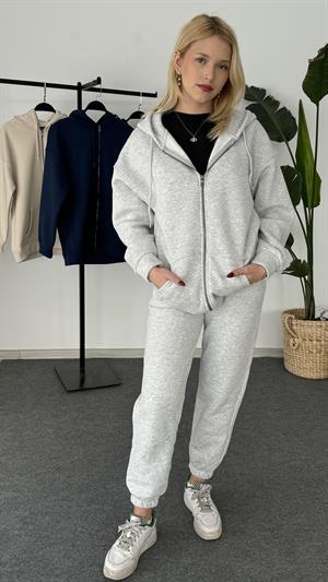 Üç İplik Şardonlu Kapşonlu Fermuarlı Sweat Gri