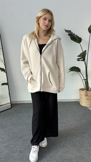 Üç İplik Şardonlu Kapşonlu Fermuarlı Sweat Taş