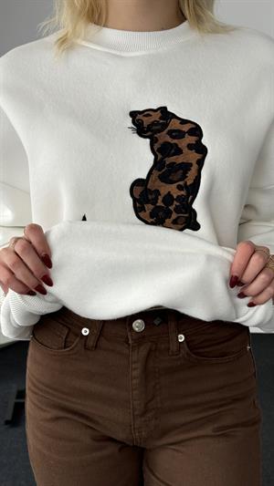 Üç İplik Şardonlu Leopar Desenli Sweat Kahverengi
