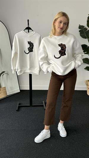 Üç İplik Şardonlu Leopar Desenli Sweat Kahverengi