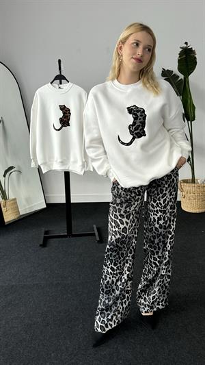 Üç İplik Şardonlu Leopar Desenli Sweat Gri