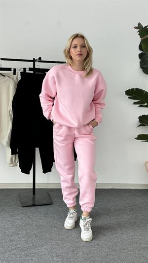 Üç İplik Şardonlu Sweat Esofman Takım Pembe