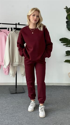Üç İplik Şardonlu Sweat Esofman Takım Bordo 