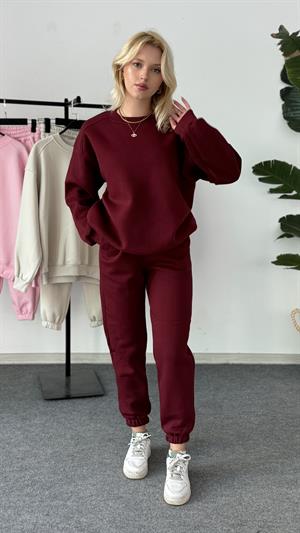 Üç İplik Şardonlu Sweat Esofman Takım Bordo 