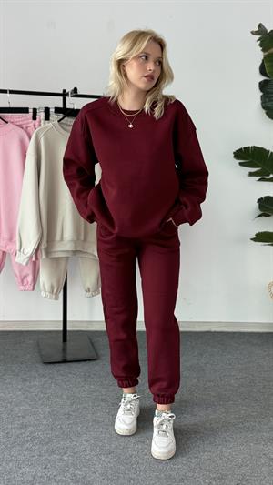 Üç İplik Şardonlu Sweat Esofman Takım Bordo 
