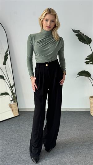 Uzun Kollu Dik Yaka Omuz Ve Bel Büzgülü Bluz Haki