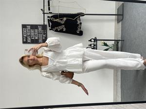 V Yaka Dantelli Bluz Ekru