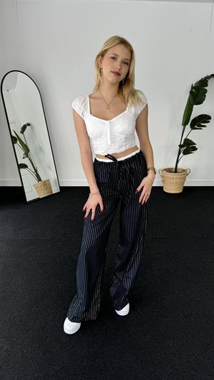 Varak Çizgili Bel Detaylı Pantolon  Lacivert 