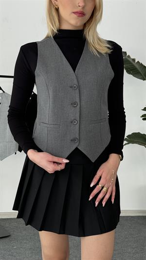 Vücuda Oturan Kısa Dokuma Yelek Füme 