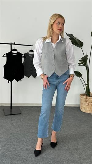 Vücuda Oturan Kısa Dokuma Yelek Gri