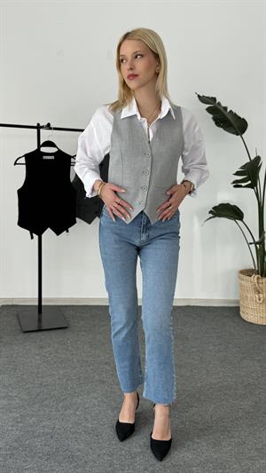 Vücuda Oturan Kısa Dokuma Yelek Gri