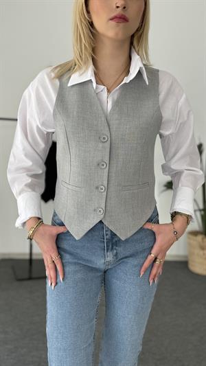 Vücuda Oturan Kısa Dokuma Yelek Gri