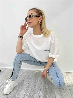 Wrstbhvr Baskılı Bisiklet Yaka İki İplik Tshirt - Beyaz