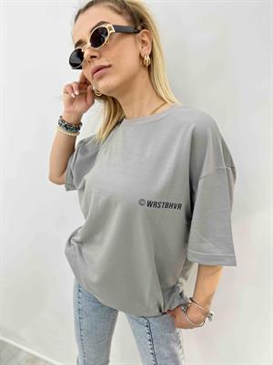 Wrstbhvr Baskılı Bisiklet Yaka İki İplik Tshirt - Gri