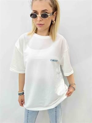 Wrstbhvr Baskılı Bisiklet Yaka İki İplik Tshirt - Beyaz