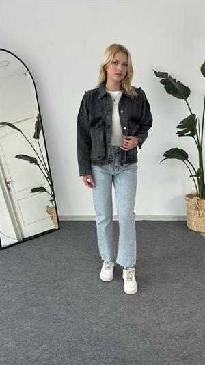 Yıkama Ve Cep Detaylı Kot Ceket Füme 