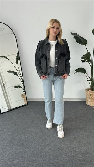 Yıkama Ve Cep Detaylı Kot Ceket Füme 