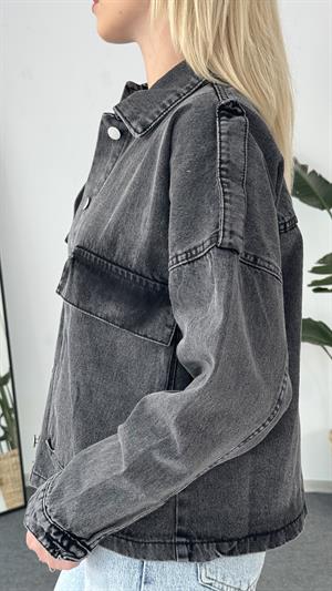 Yıkama Ve Cep Detaylı Kot Ceket Füme 