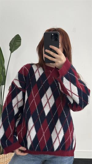 Yırtmaç Detay Baklava Desen Kazak Bordo