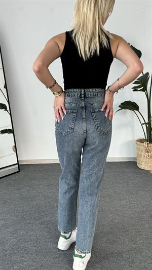 Yüksek Bel Yıkama Detaylı Mom Jean Mavi