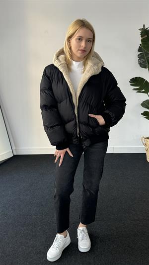 Yün Lamineli Şişme Mont Siyah 