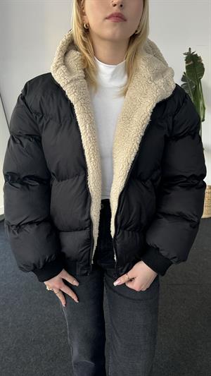 Yün Lamineli Şişme Mont Siyah 