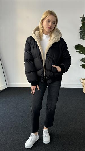 Yün Lamineli Şişme Mont Siyah 