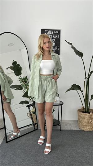 Zr Model Çizgili Yüksek Bel Lastikli Takım Yeşil