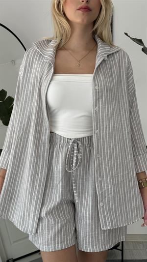 Zr Model Çizgili Yüksek Bel Lastikli Takım Gri