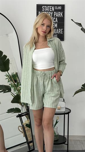 Zr Model Çizgili Yüksek Bel Lastikli Takım Yeşil