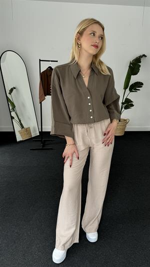 Zr Muadili Önleri Pervizli Modal Kumaş Gömlek Haki