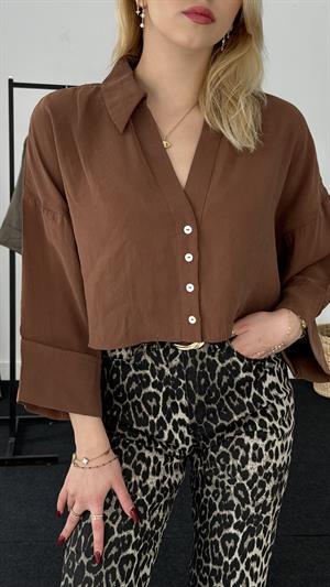 Zr Muadili Önleri Pervizli Modal Kumaş Gömlek Kahverengi