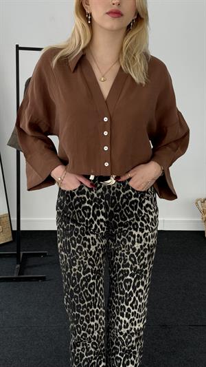 Zr Muadili Önleri Pervizli Modal Kumaş Gömlek Kahverengi