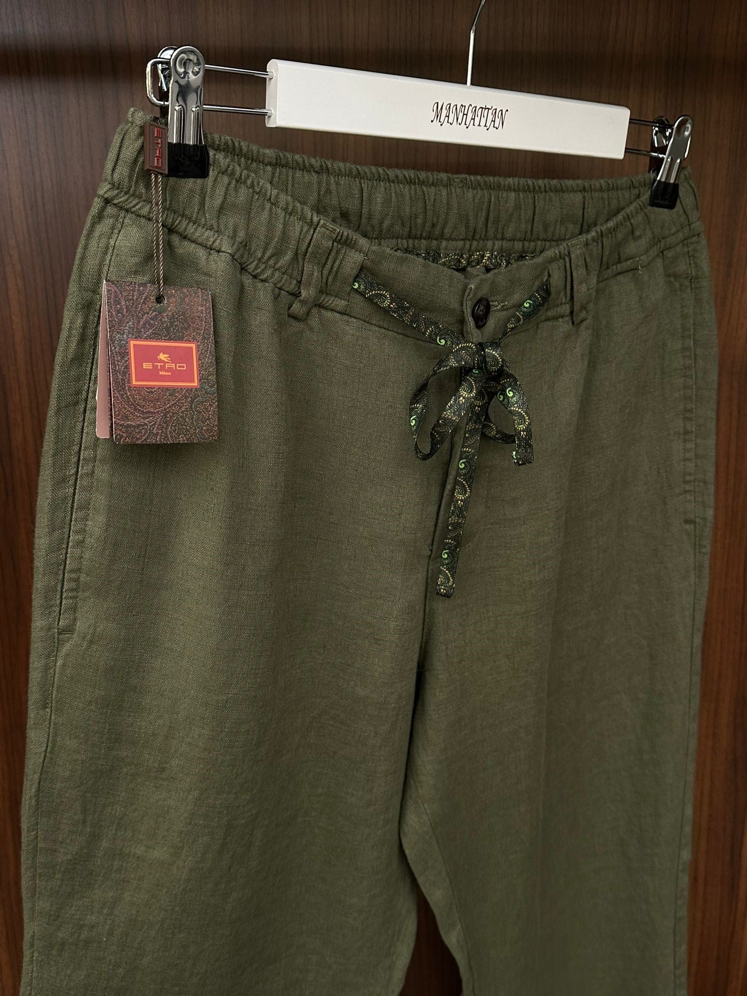 Etnik Desen Logo & İp Detaylı Keten Pantolon