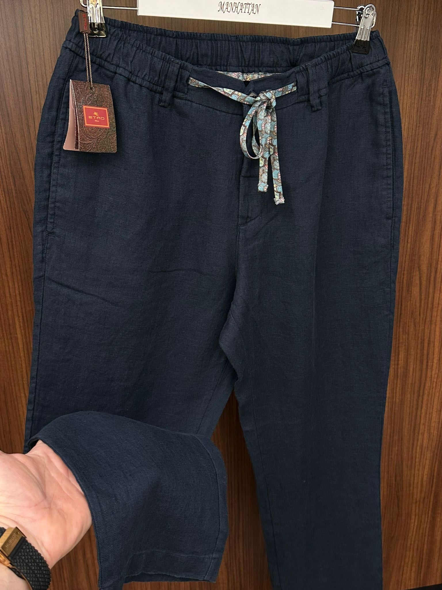 Etnik Desen Logo & İp Detaylı Keten Pantolon