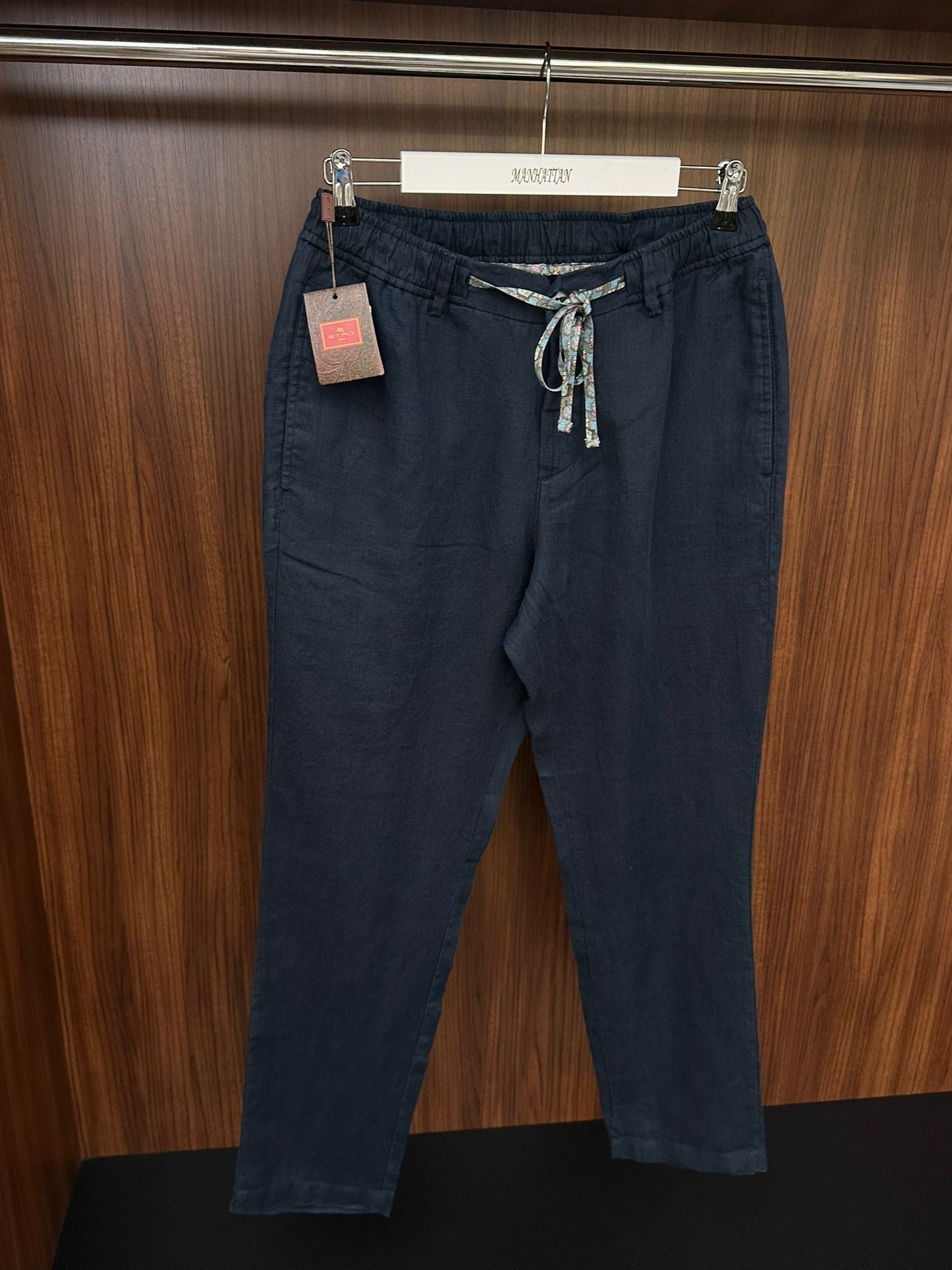 Etnik Desen Logo & İp Detaylı Keten Pantolon