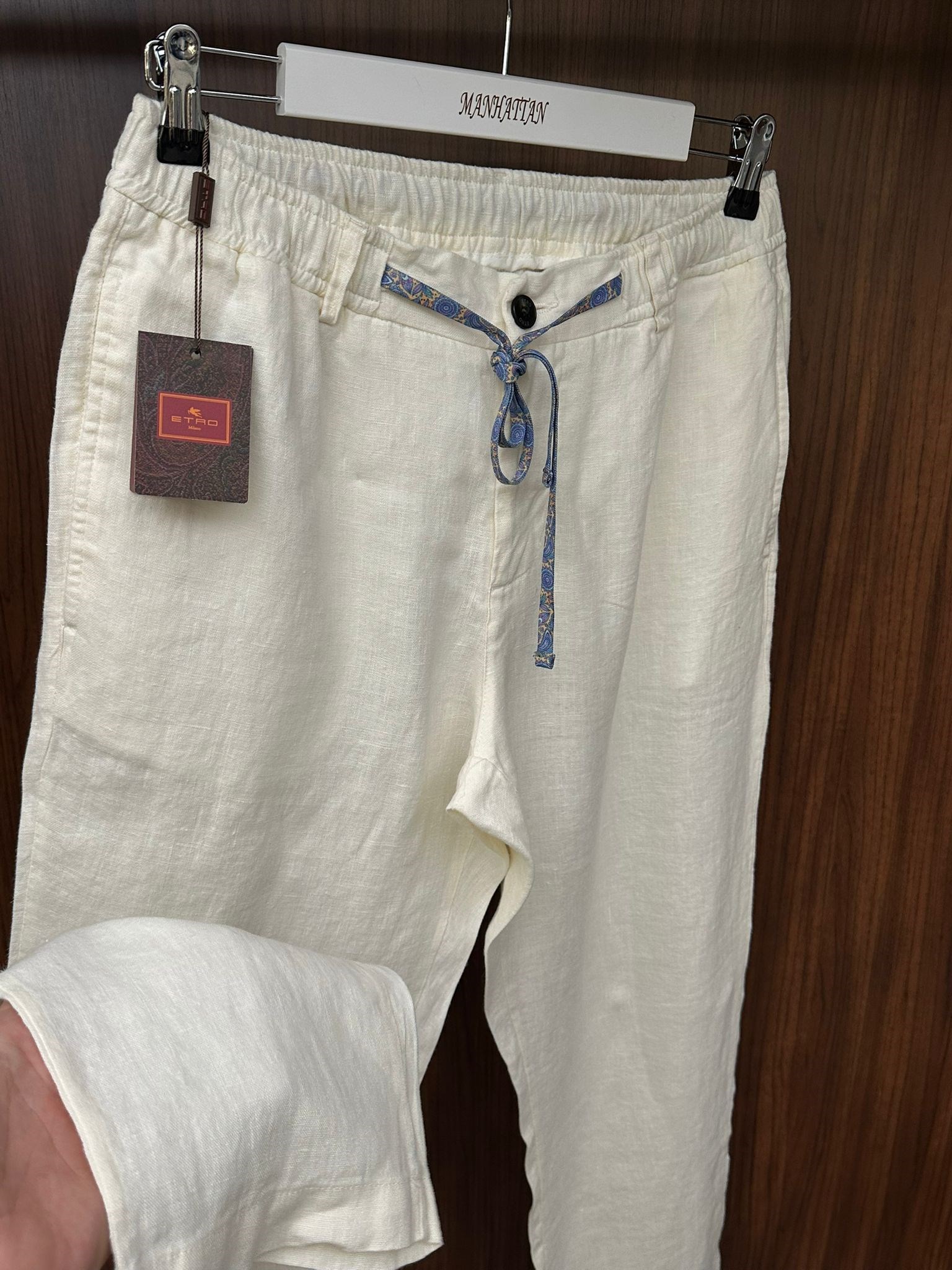 Etnik Desen Logo & İp Detaylı Keten Pantolon