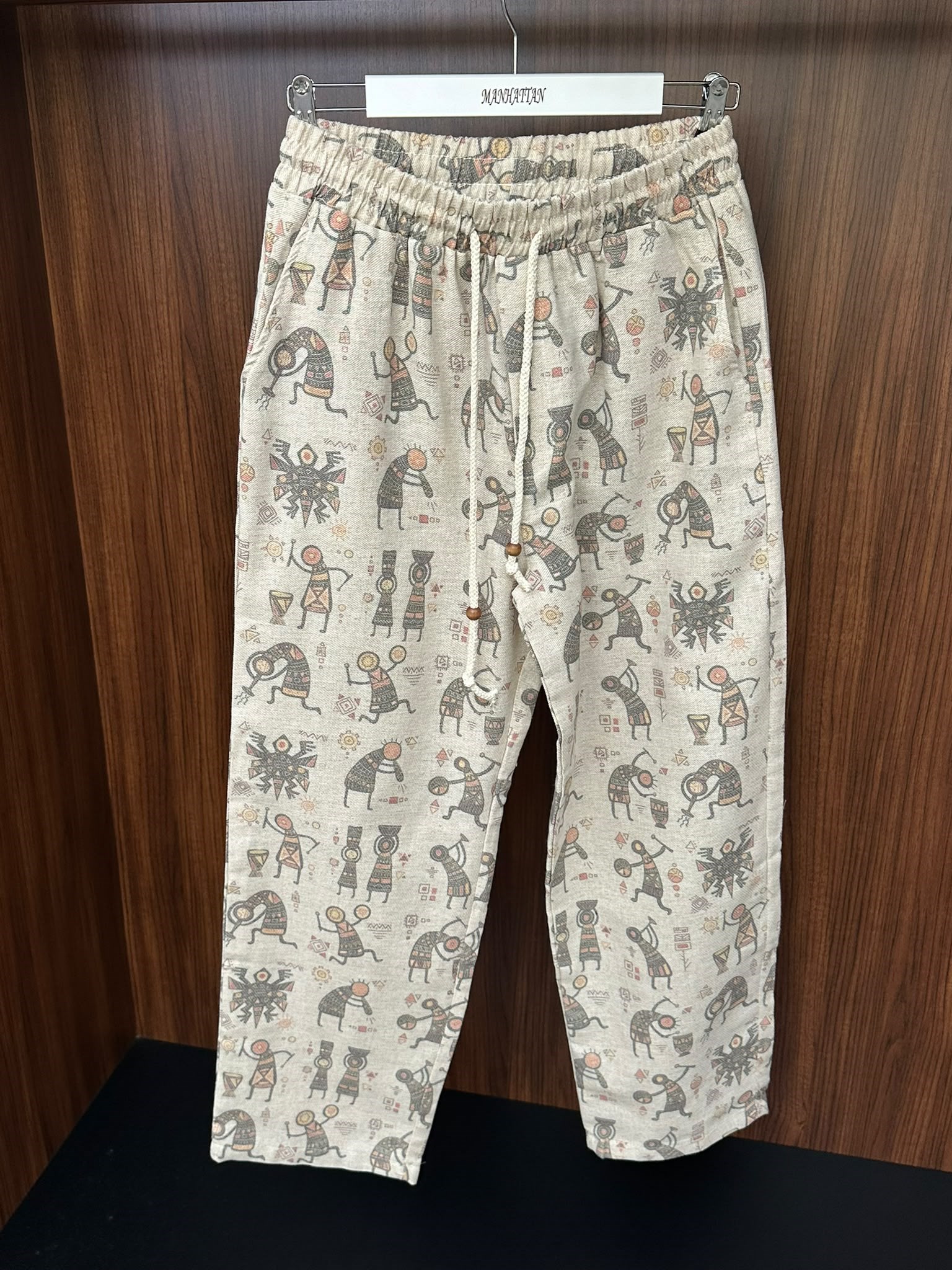 Etnik Desenli Keten Baggy Pantolon