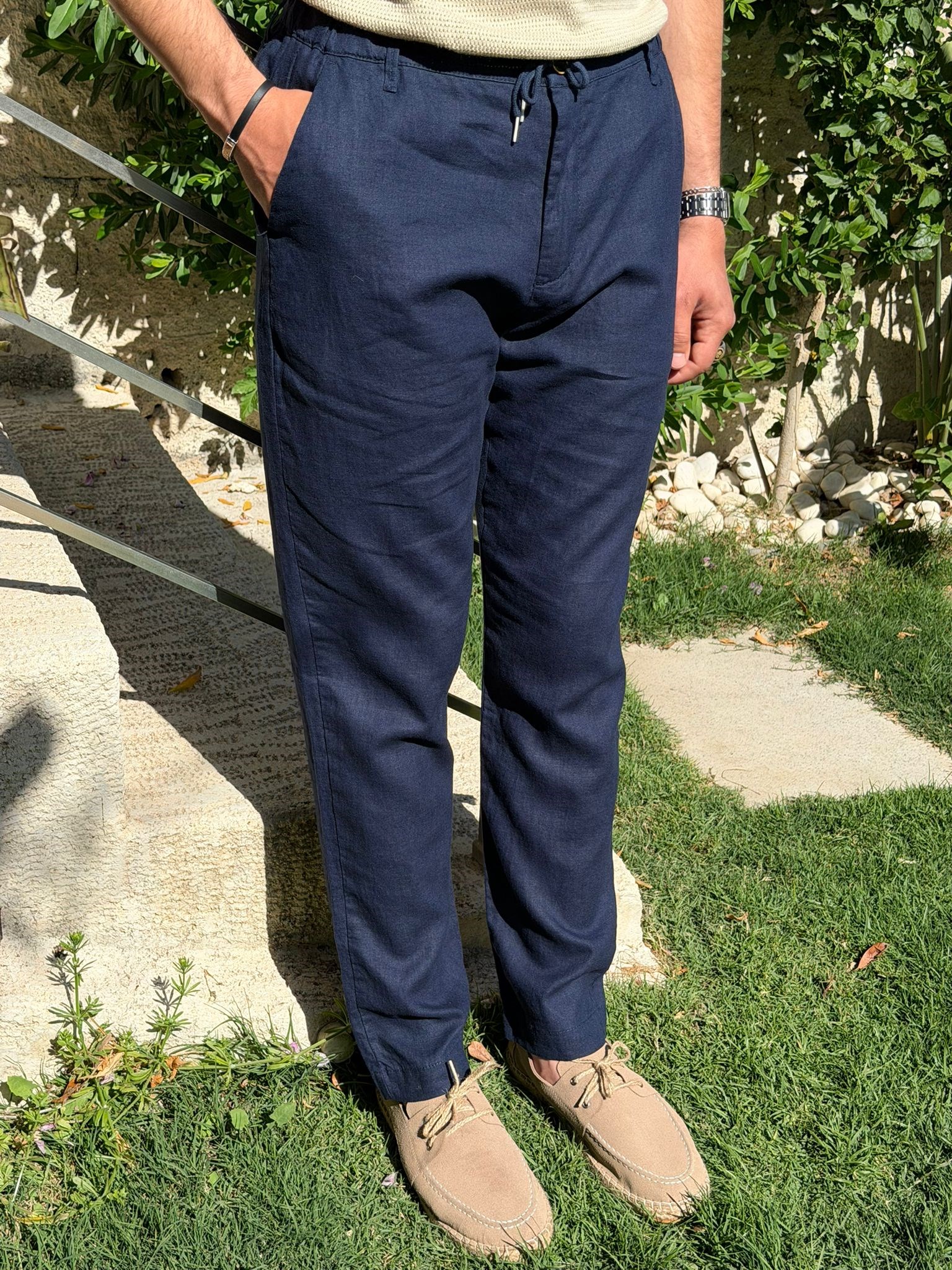 Saf Keten Beli Lastikli İpli Pantolon