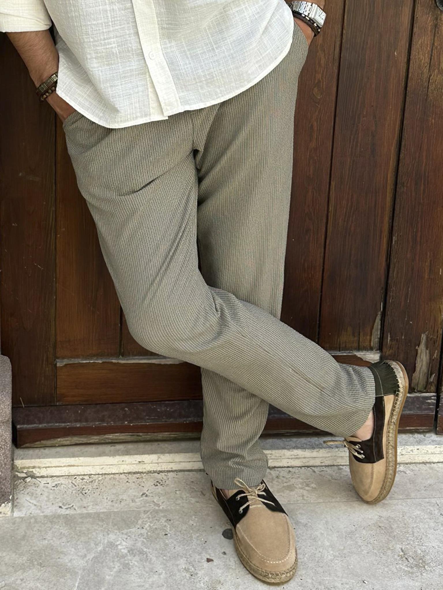 Beli Lastikli Çizgili Keten Pantolon