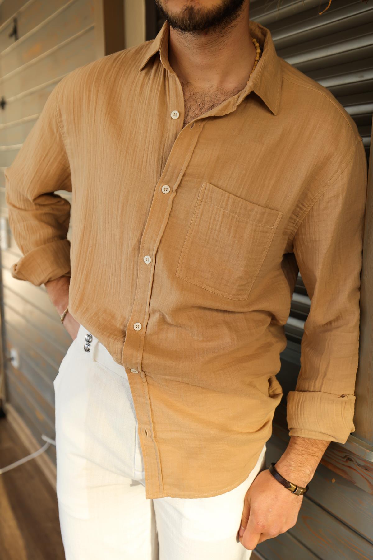 Mikonos Cep Detaylı Basic Müslin Gömlek