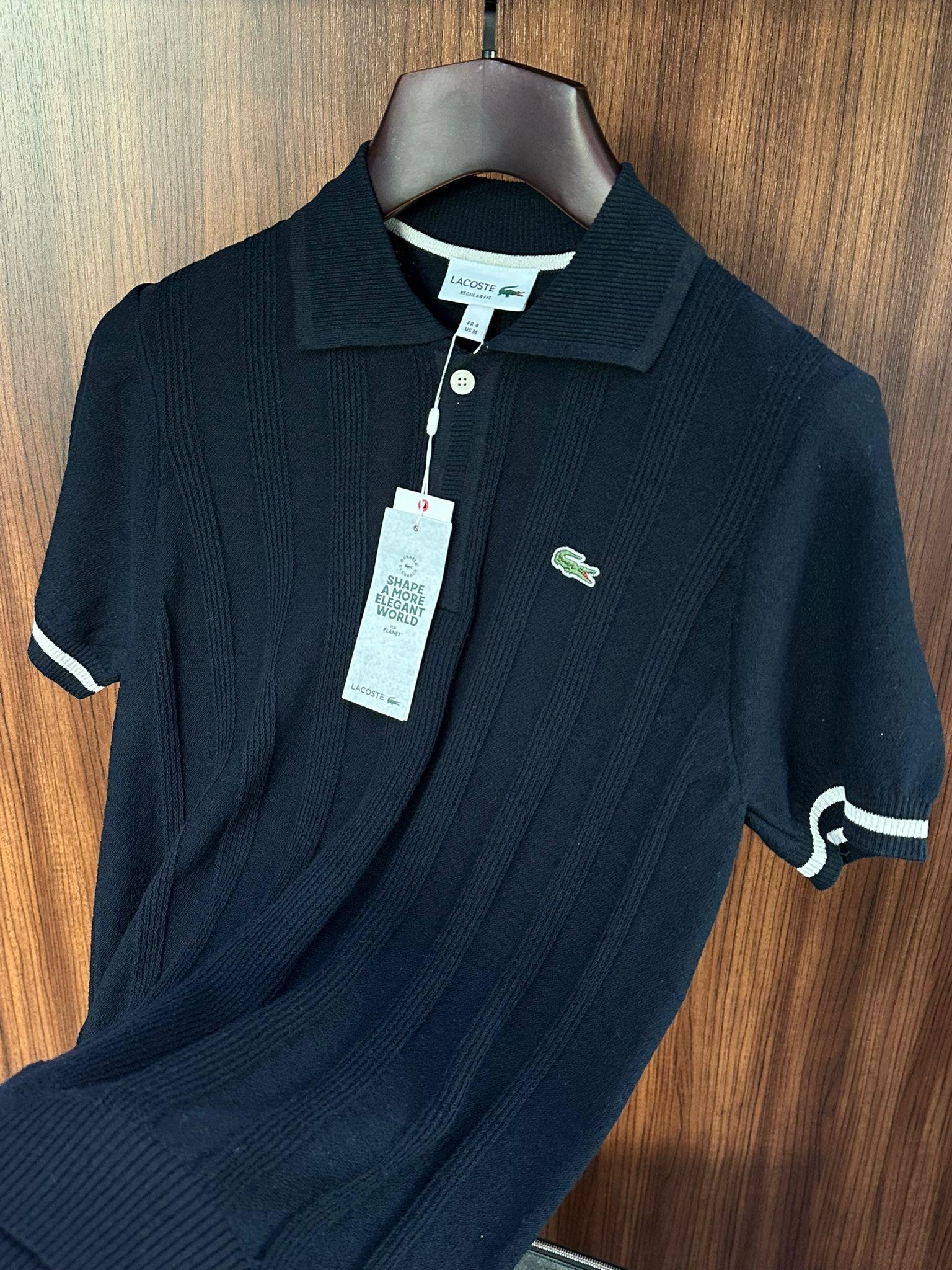 Nakış Logolu Kabartma Çizgili Yakalı Triko T-Shirt