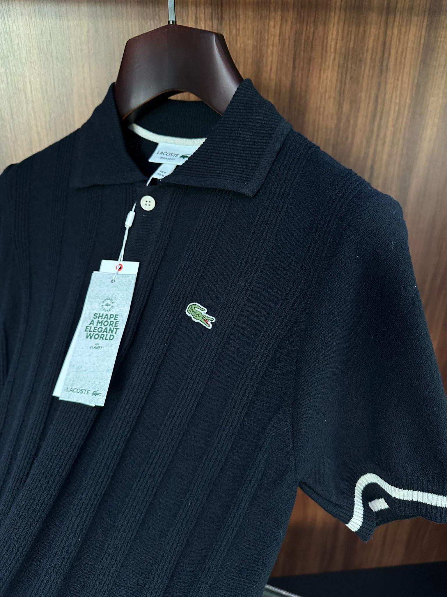 Nakış Logolu Kabartma Çizgili Yakalı Triko T-Shirt